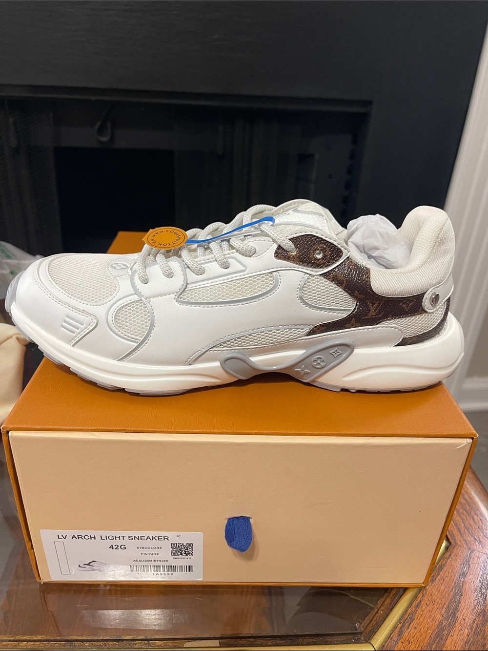 Louis Vuitton White Sneaker with Brown Monogram Accent
